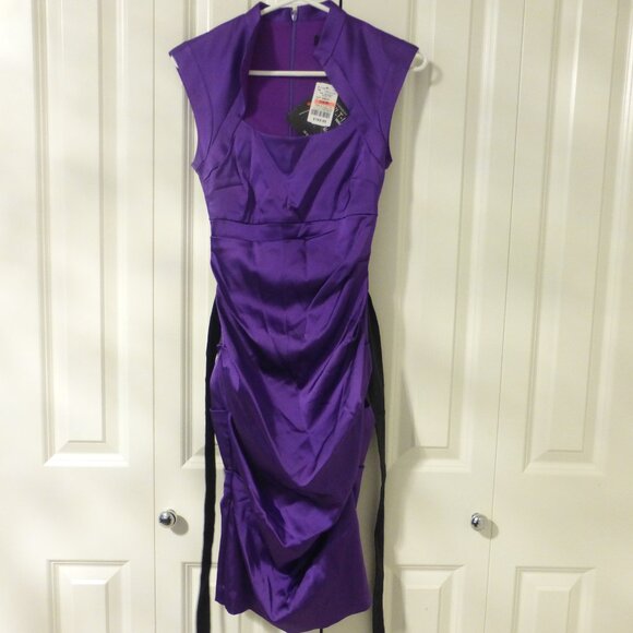 NWT LE-CHATEAU purple satin belted cocktail party midi dress - Picture 1 of 9